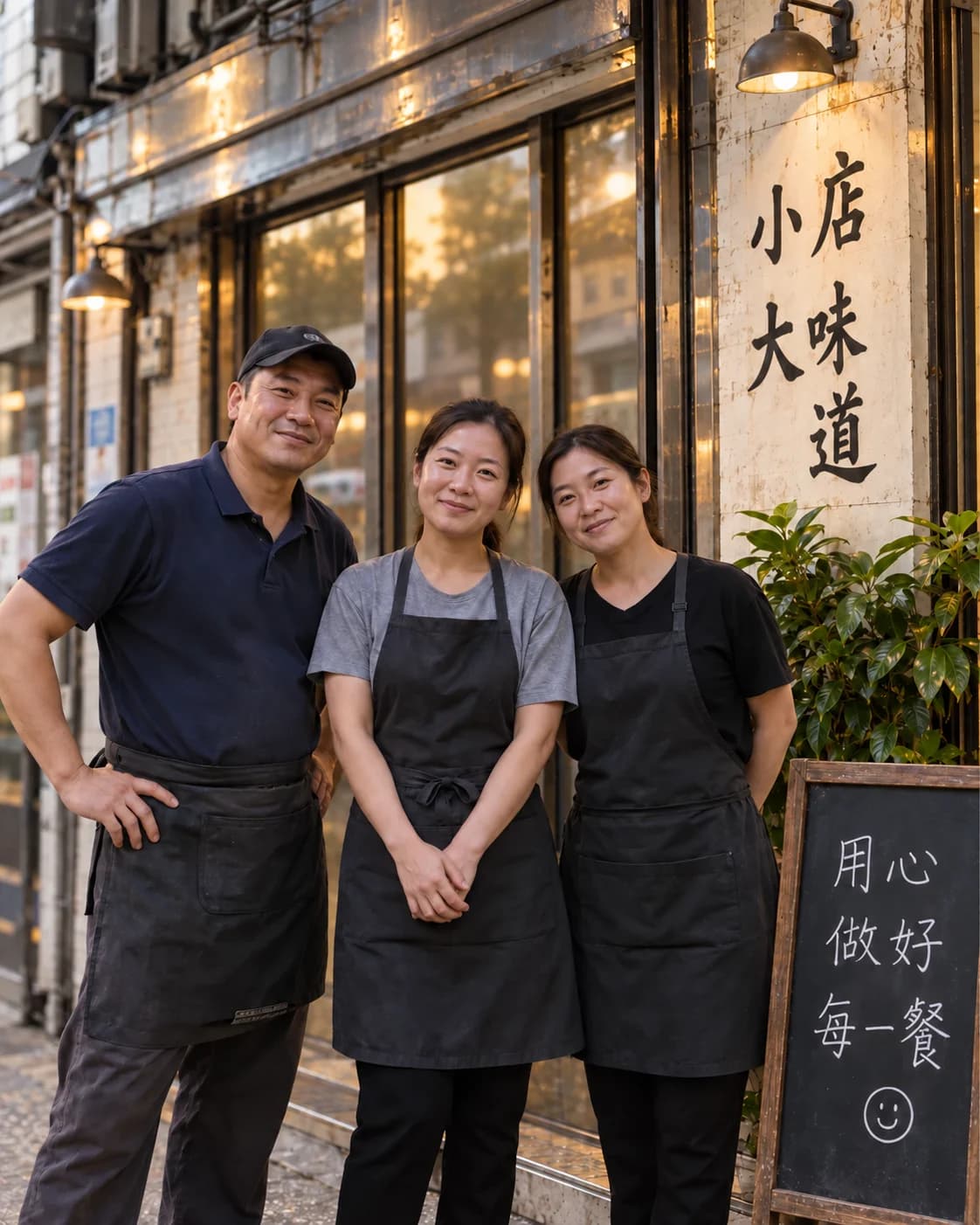 香港小店團隊站在門前、旁邊有手寫牌的 AI 生成圖片